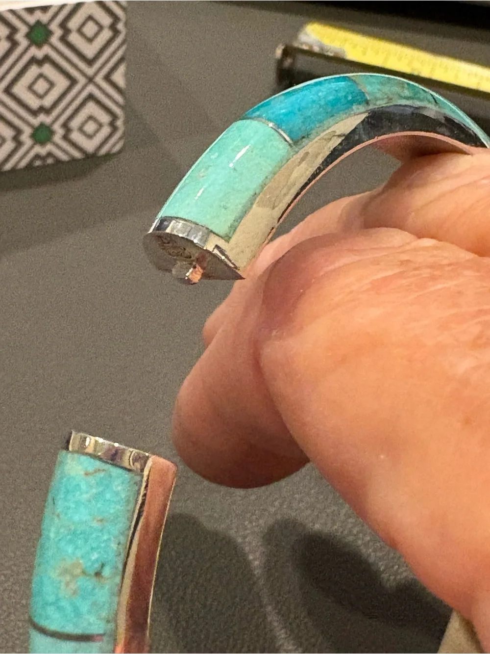 Turquoise Inlay Silver Hinged Bangle Bracelet - Blue Green